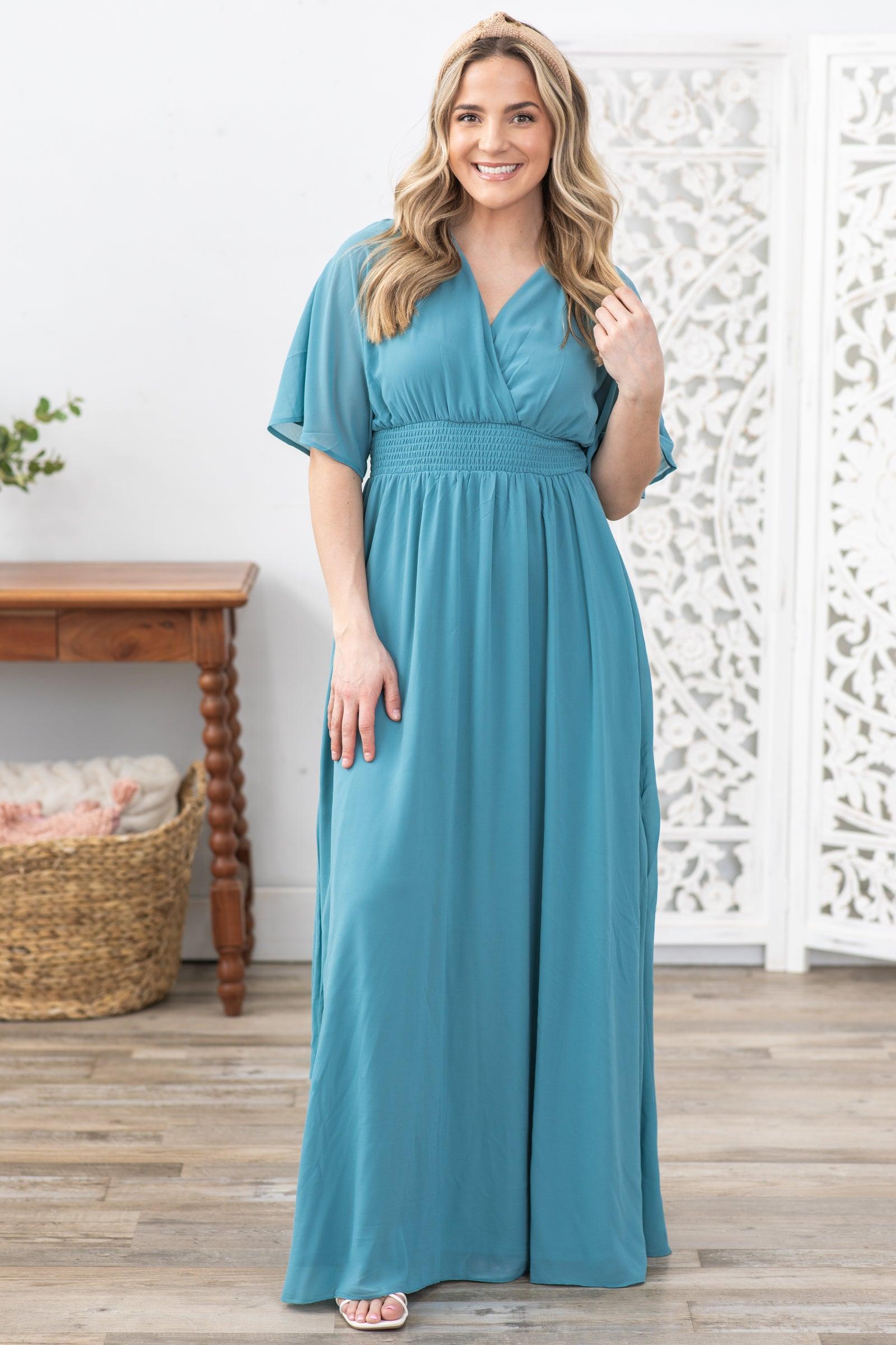 Dusty Teal Leg Slit Maxi Dress product image