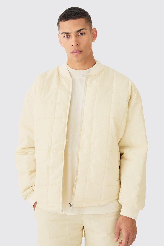 Mens Tan Square Quilted Oversized Pocket Bomber Jacket, Tan Product Image