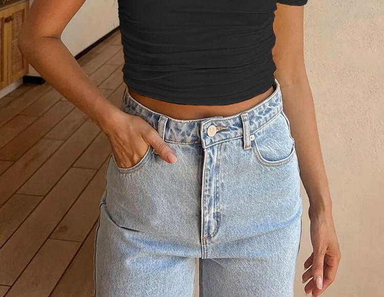 Off-Shoulder Plain Asymmetrical Ruched Slim Fit Crop Top Product Image