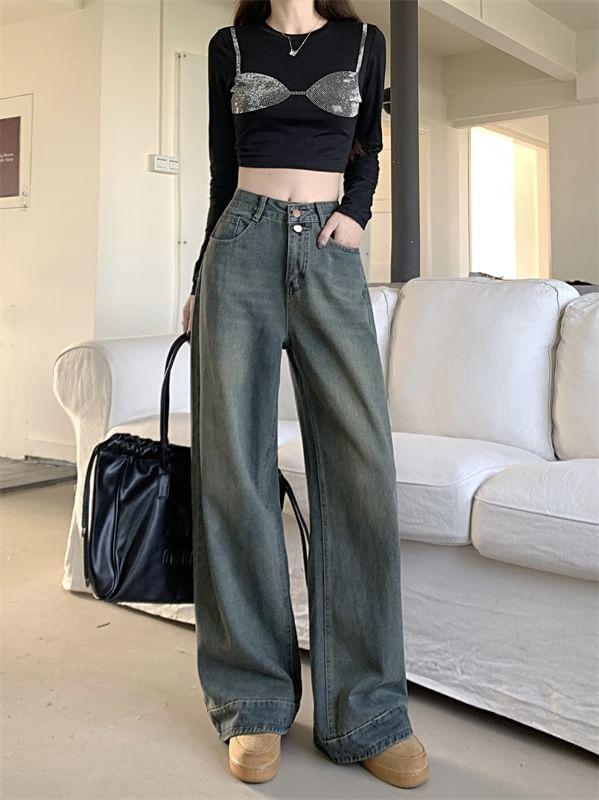 High Waist Washed Wide Leg Jeans Product Image