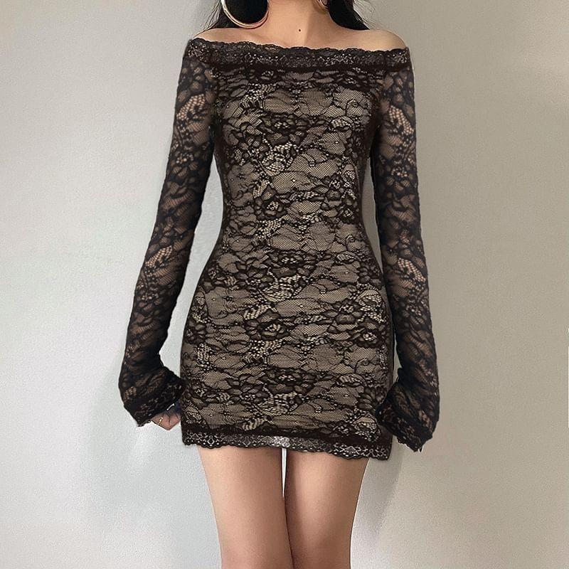 Long Sleeve Off-Shoulder Lace Slim-Fit Mini Bodycon Dress Product Image