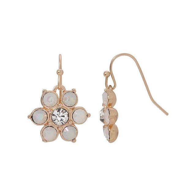 1928 Gold Tone Simulated White Opal Crystal Flower Drop Earring, Womens Product Image