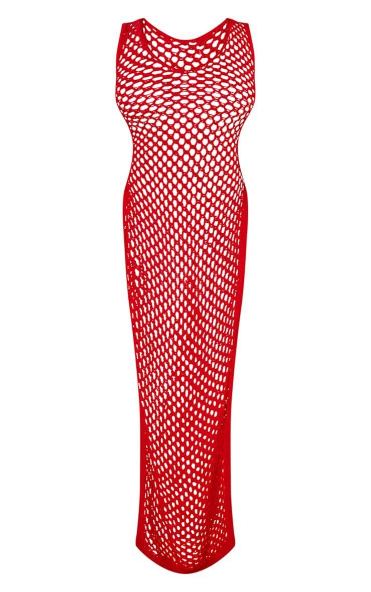 Shape Red Crochet Knit Split Side Maxi Dress Product Image