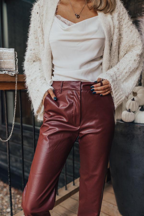 The Catalina High Waist Faux Leather Pants in Dark Rustic Rose Product Image