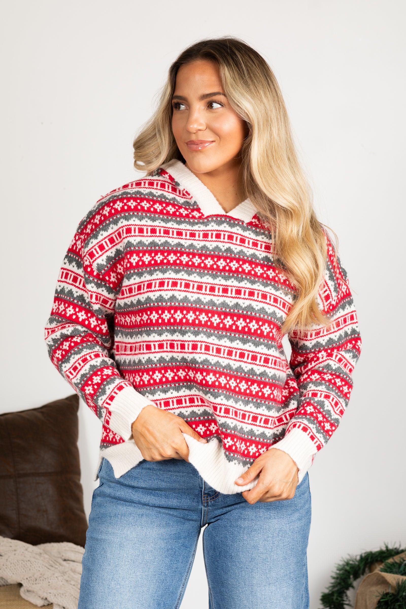 Red and Ivory Fair Isle Hoodie Sweater product image