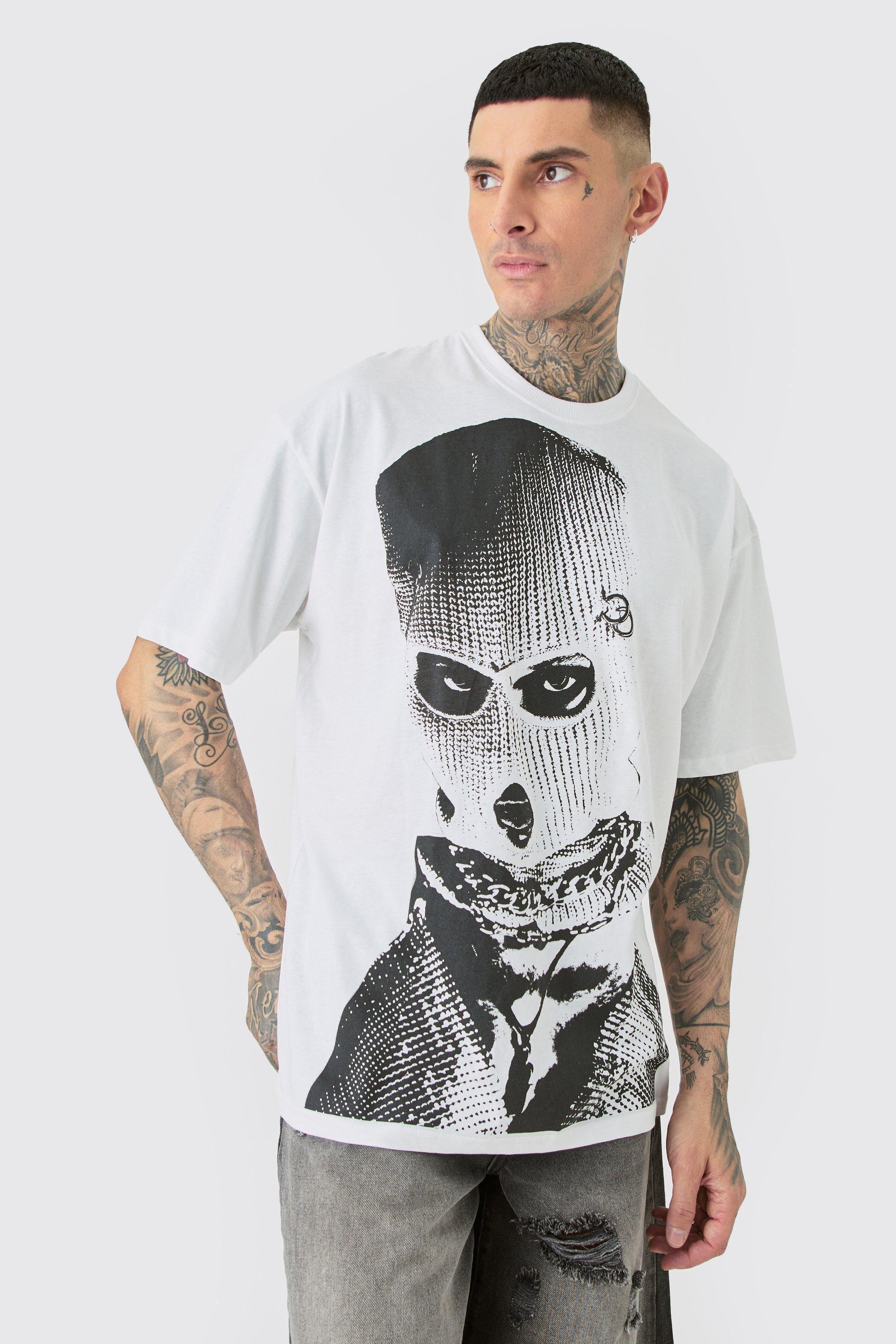 Tall Oversized Mono Balaclava Print T-shirt In White | boohooMAN USA Product Image