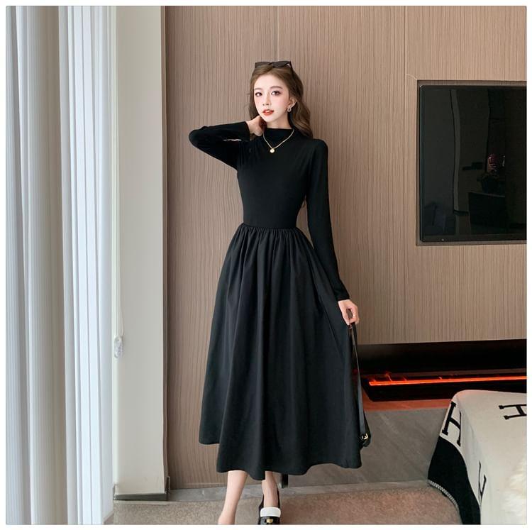 Long Sleeve Mock Neck Plain Gathered Panel Midi A-Line Dress Product Image