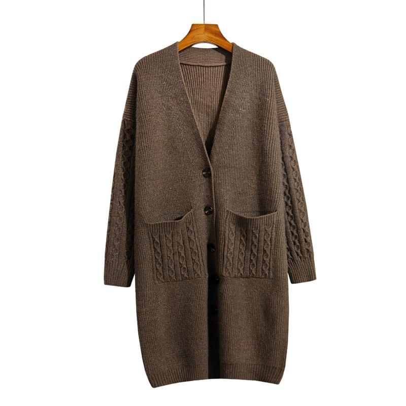 V-Neck Plain Pocketed Long Cable Knitted Cardigan Product Image