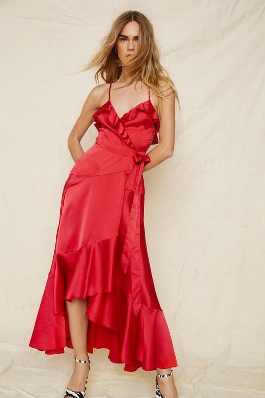 Satin Ruffle Wrap Maxi Dress Product Image