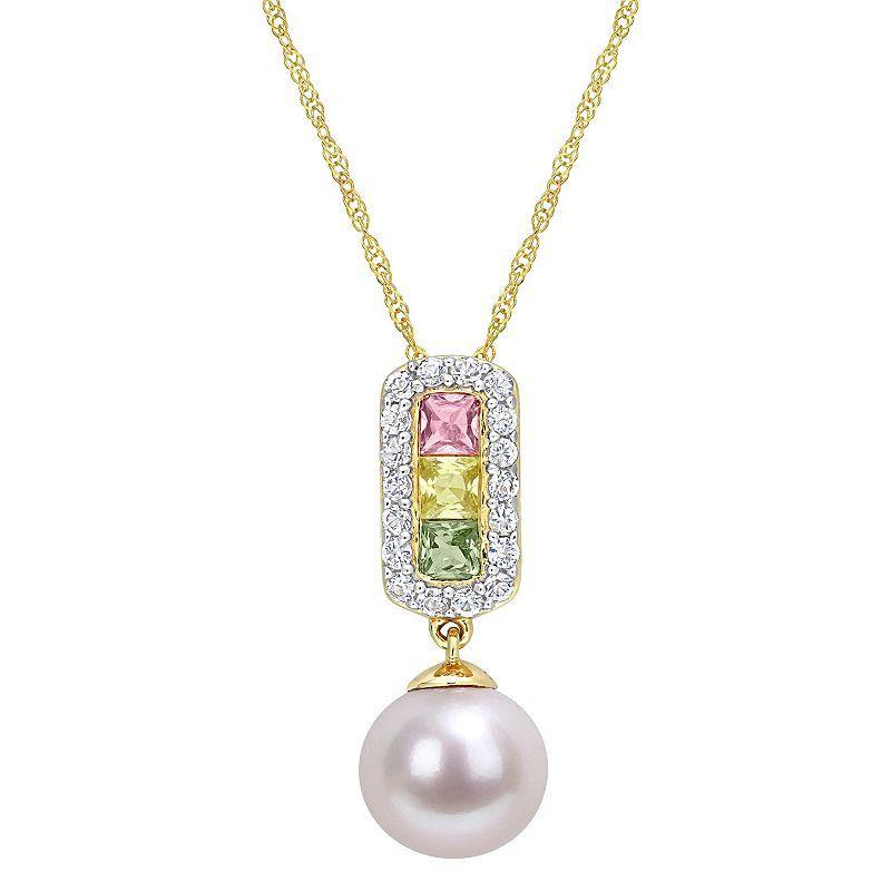 Stella Grace 14k Gold Freshwater Cultured Pearl & Multicolor Sapphire Halo Drop Necklace, Womens Product Image