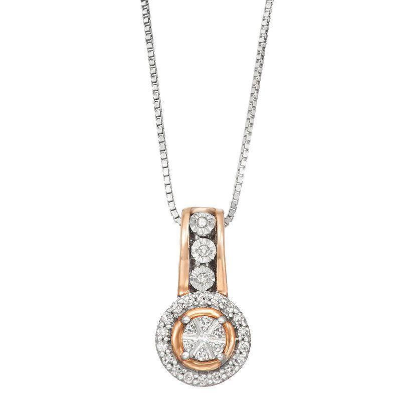 Two Tone Sterling Silver 1/8 Carat T.W. Diamond Halo Necklace, Womens, Pink Tone Product Image