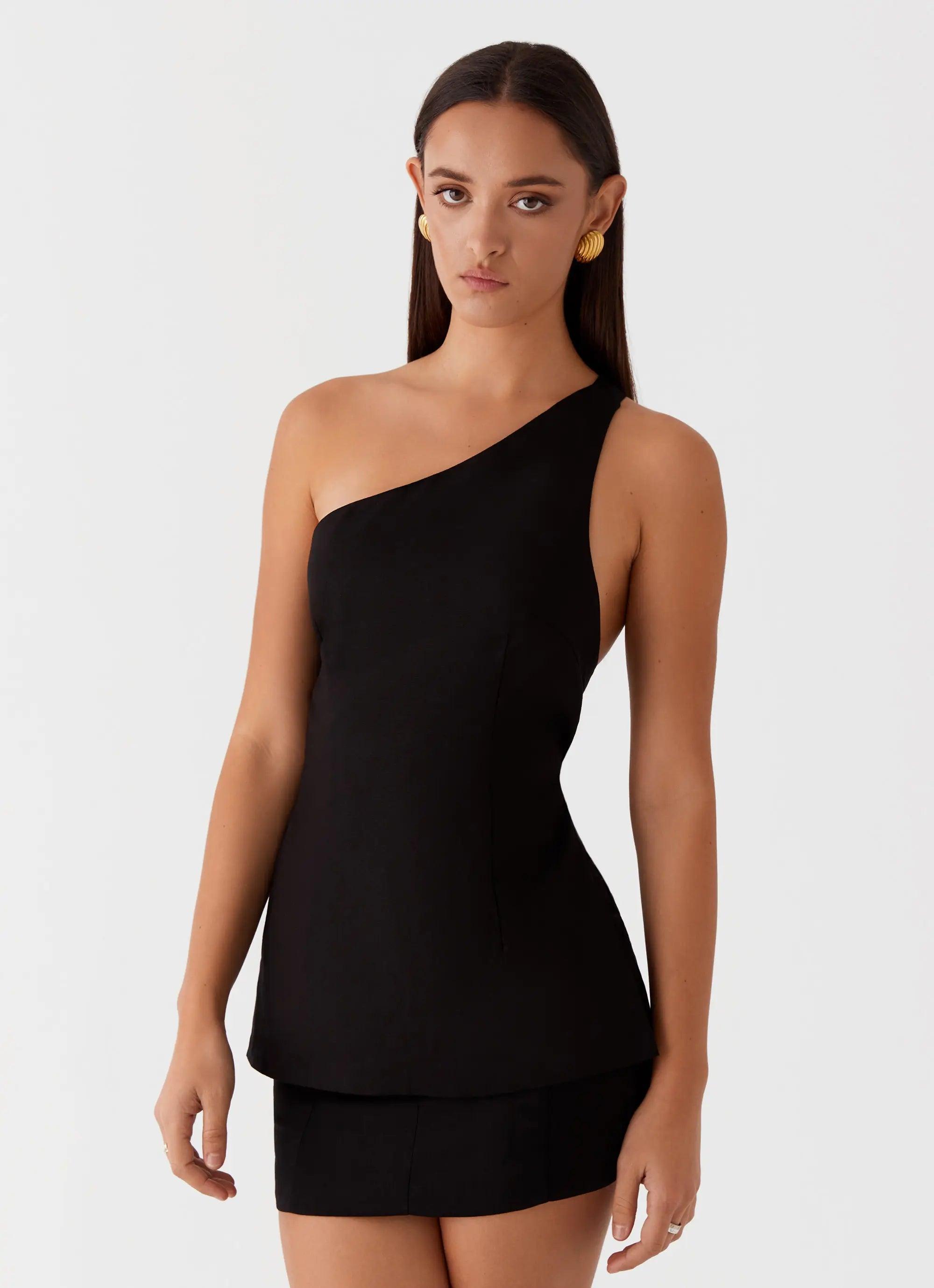 Olsen Linen One Shoulder Top - Black Product Image