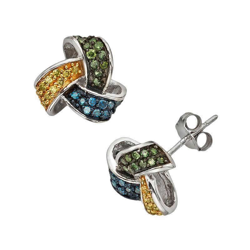 Jewelexcess Sterling Silver 1/2-ct. T.W. Yellow, Green and Blue Diamond Knot Stud Earrings, Womens, Multicolor Product Image