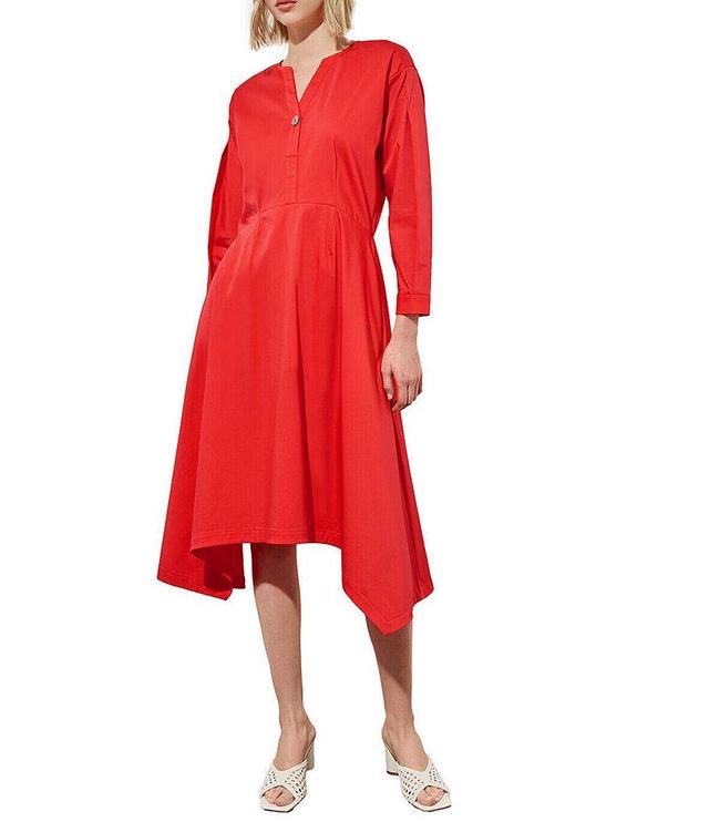 Ming Wang Stretch Cotton Poplin Split V-Neck Long Sleeve Side Drape Hem Midi Fit And Flare Dress Product Image