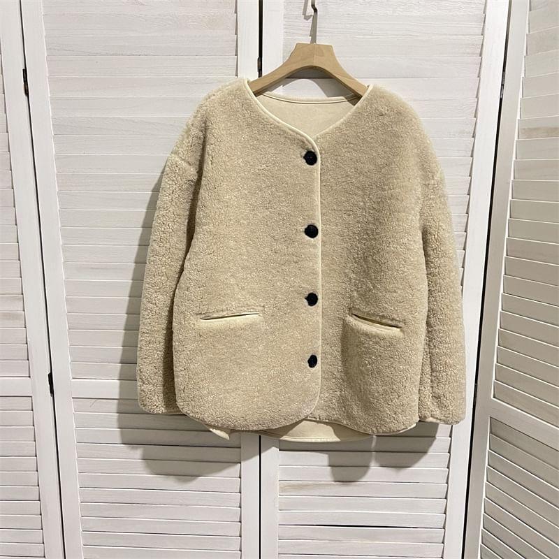 Round Neck Plain Fleece Button Jacket Product Image