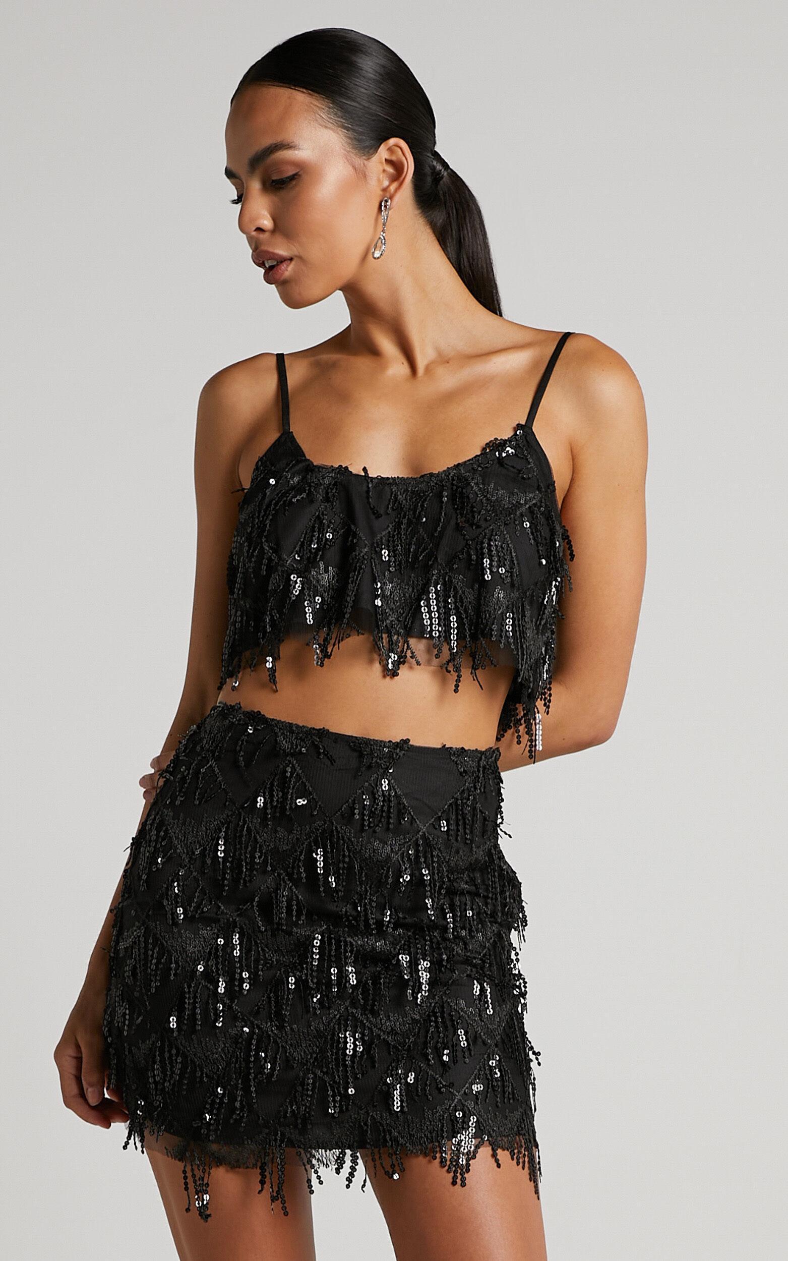 Khrizza Mini Skirt - Sequin Diamond Mesh Skirt in Black product image