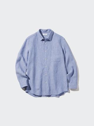 Mens Premium Linen Striped Long-Sleeve Shirt Blue Small UNIQLO US Product Image