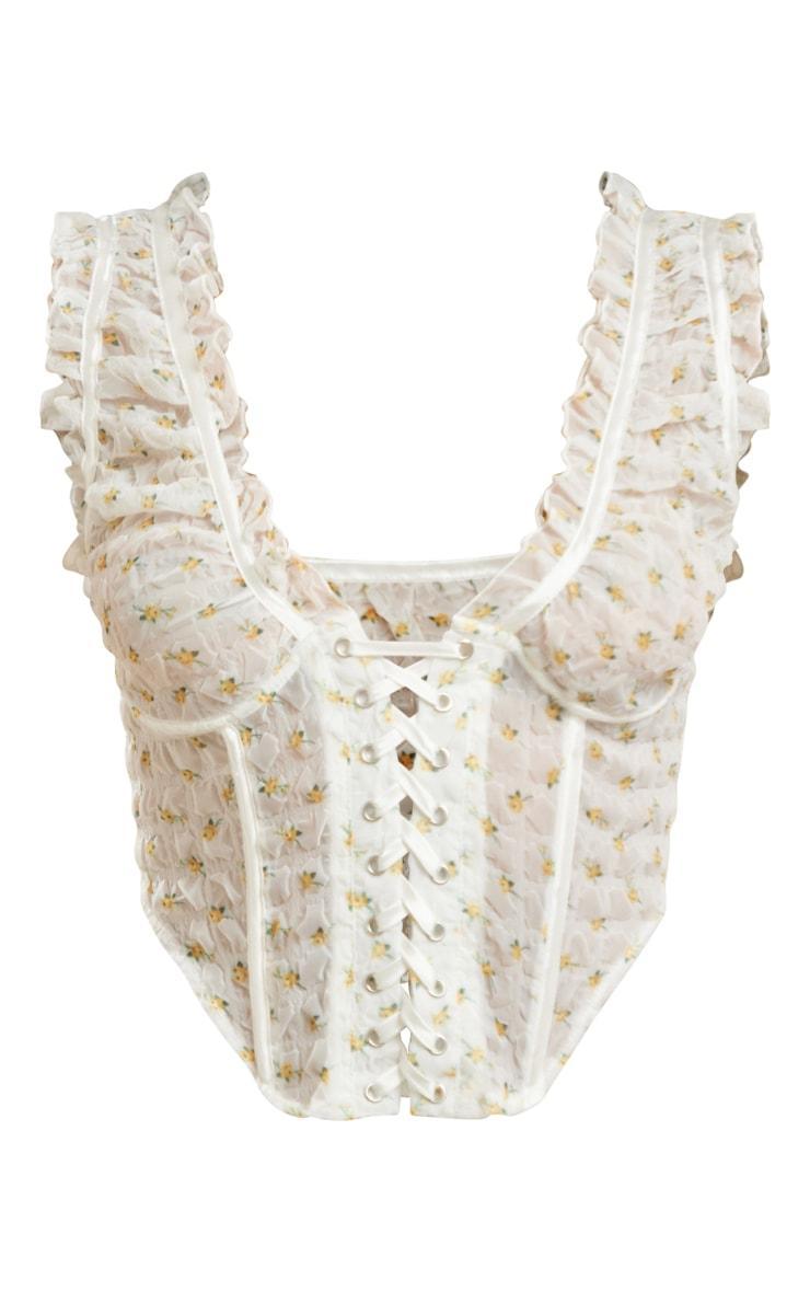 White Floral Chiffon Boned Lace Up Detail Corset Product Image