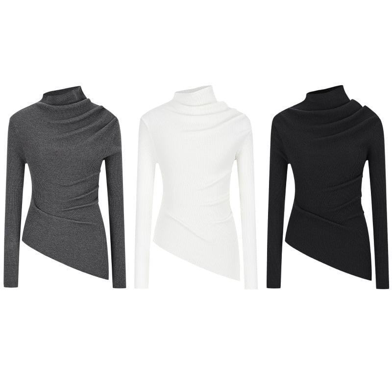 Long Sleeve Mock Neck Cold-Shoulder Plain Ribbed-Knit Slim-Fit Top Product Image