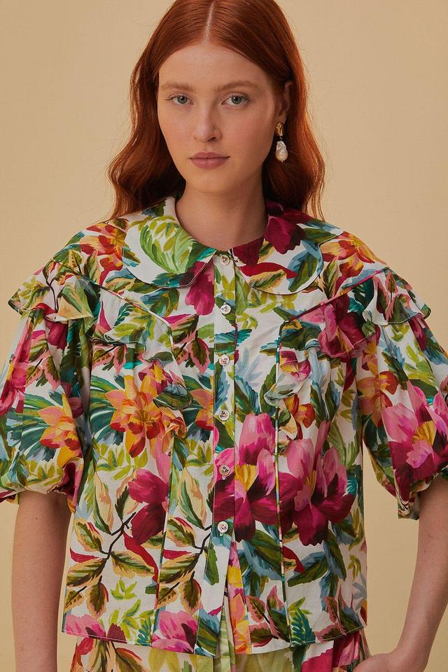 Off-White Painted Flowers Short Sleeve Blouse Product Image