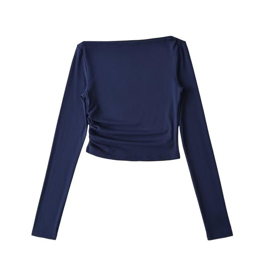 Long-Sleeve Boat Neck Ruched Crop Slim Fit T-Shirt Product Image