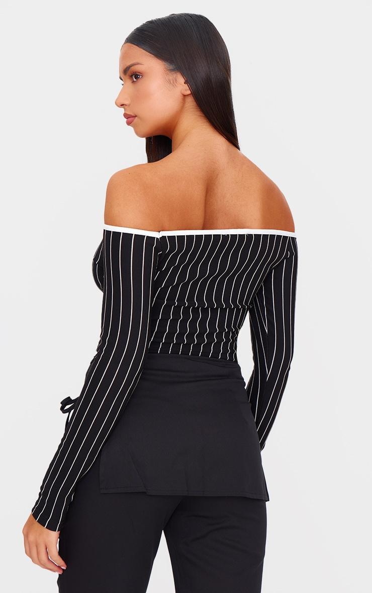 Black Contrast Detail Pinstripe Bardot Long Sleeve Top Product Image