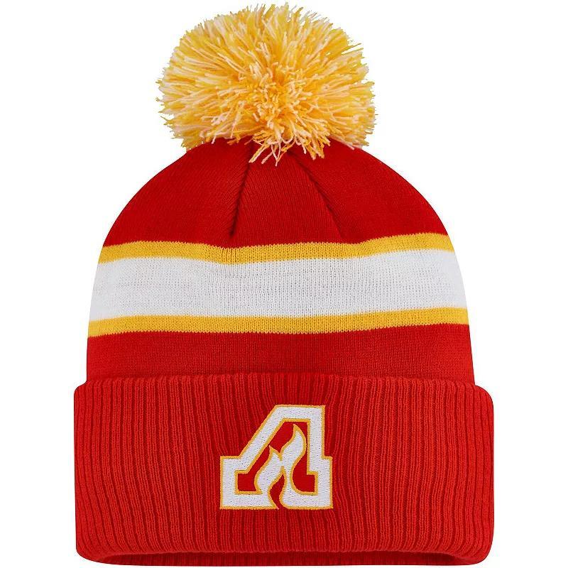 Mens adidas Red Calgary Flames Team Classics Striped Cuffed Knit Hat with Pom Product Image