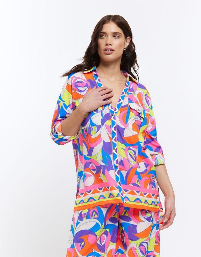 River Island abstract print oversized beach shirt in bright blue Product Image