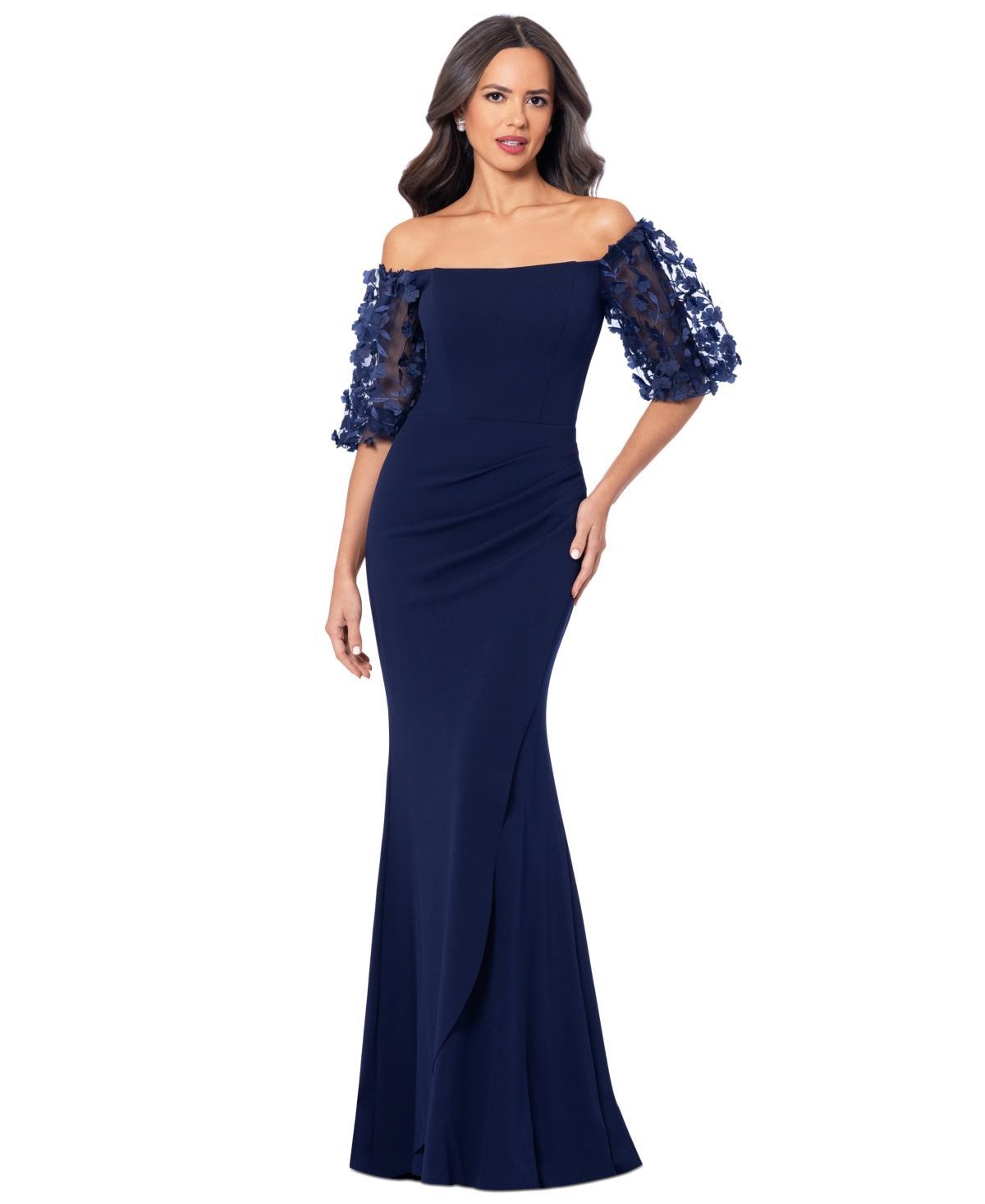 Xscape 3D Flower Applique Off-the-Shoulder Short Puffed Sleeve Scuba Crepe Sheath Gown Product Image