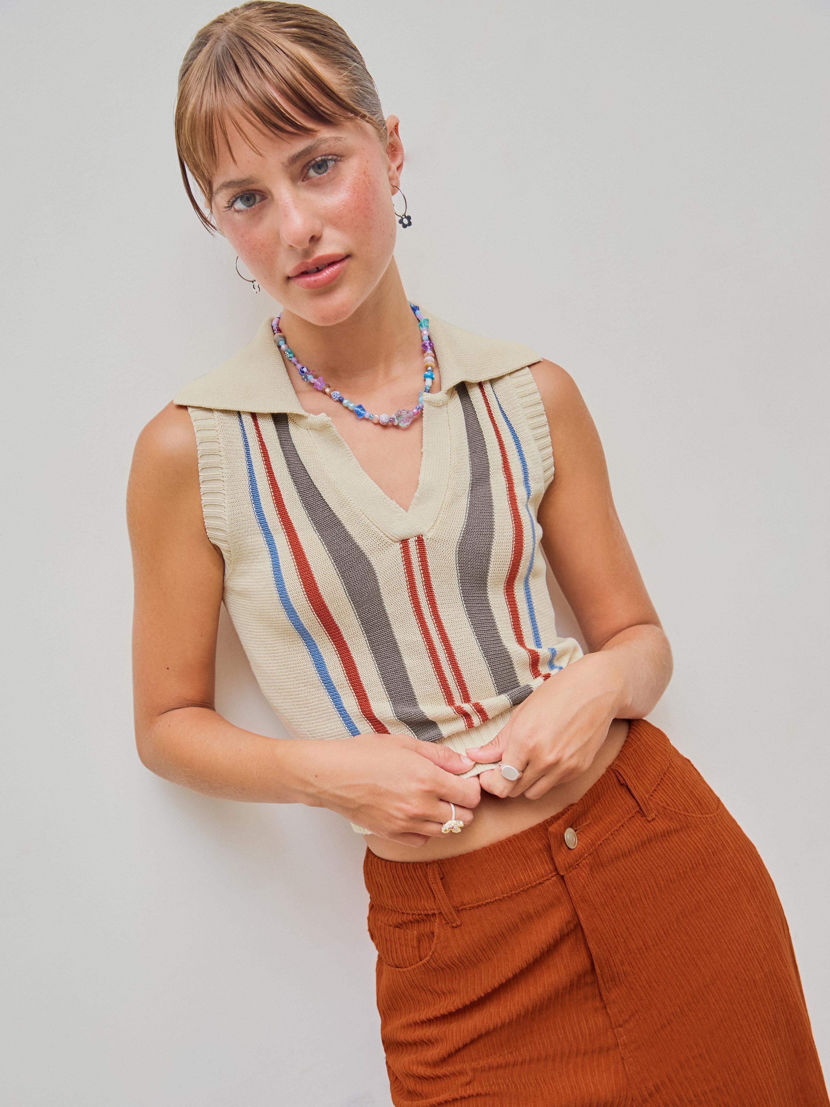 Collar Striped Knitted Crop Top Product Image