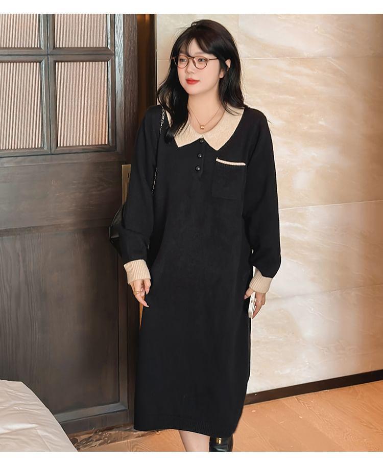 Long Sleeve Collared Two Tone Knit Midi A-Line Dress Product Image