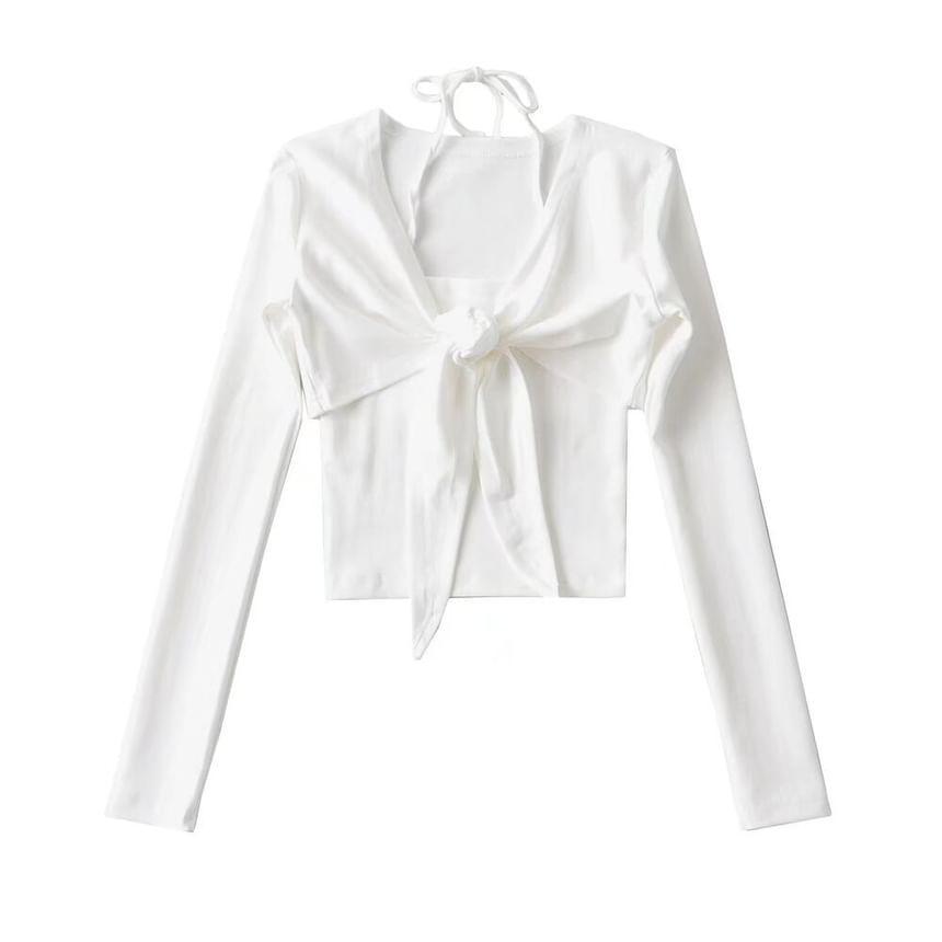 Set: Long-Sleeve V-Neck Plain Tie Front Crop Top + Camisole Top Product Image