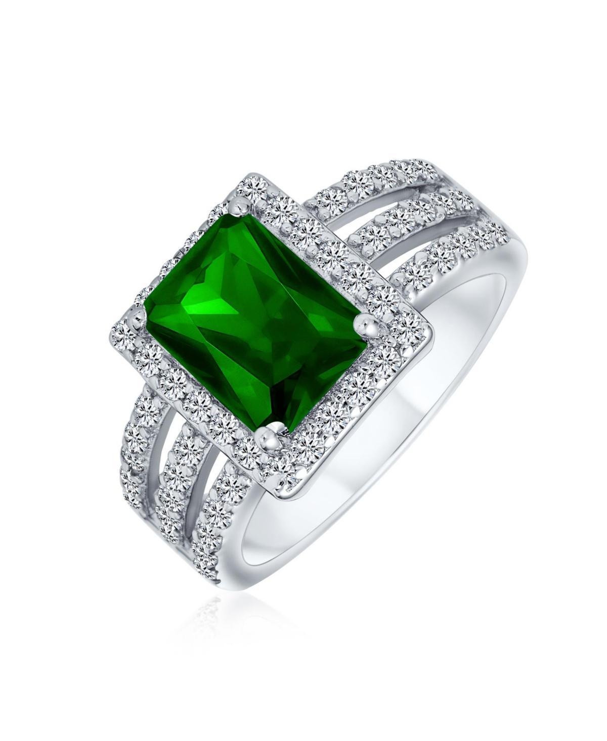 Bling Jewelry Art Deco Style 3CT Rectangle Cz Green Emerald Cut Halo Promise Ring For Women Wide Band Sterling Silver Product Image