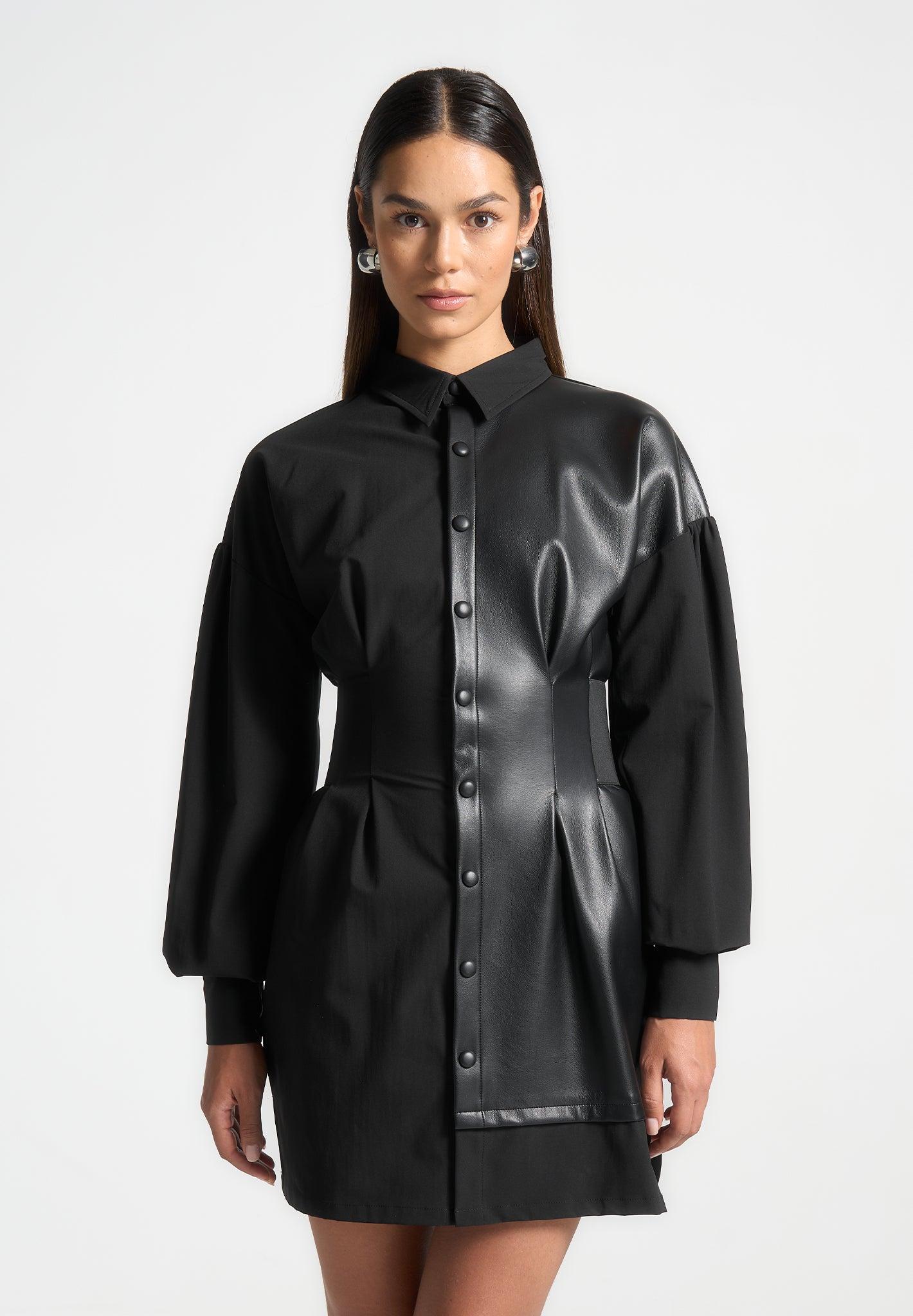 Half Leather Shirt Dress - Black Female Product Image