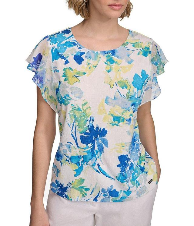 Calvin Klein Floral Print Textured Knit Crew Neck Chiffon Flutter Sleeve Blouse Product Image