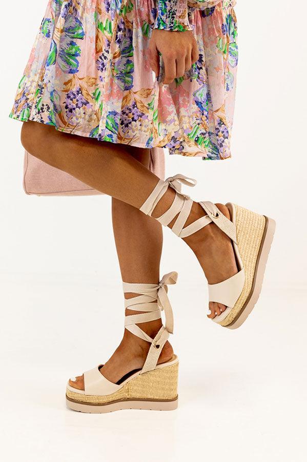 The Sofia Lace Up Wedge In Stone Product Image