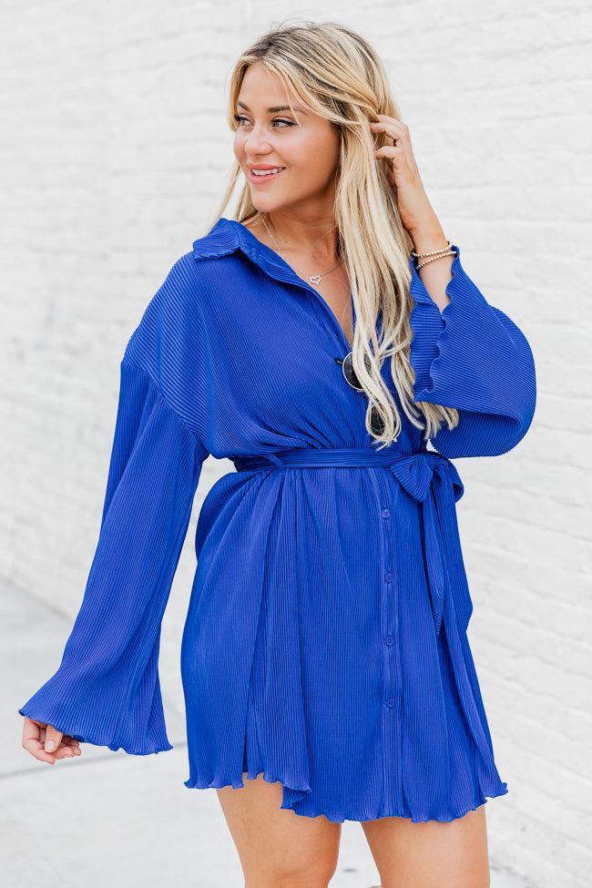 Something To Say Cobalt Blue Plisse Mini Button Up Dress FINAL SALE Product Image