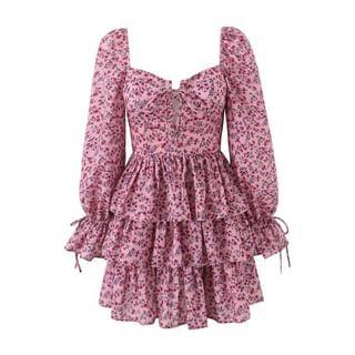 Long-Sleeve Floral Tiered Mini A-Line Dress Product Image