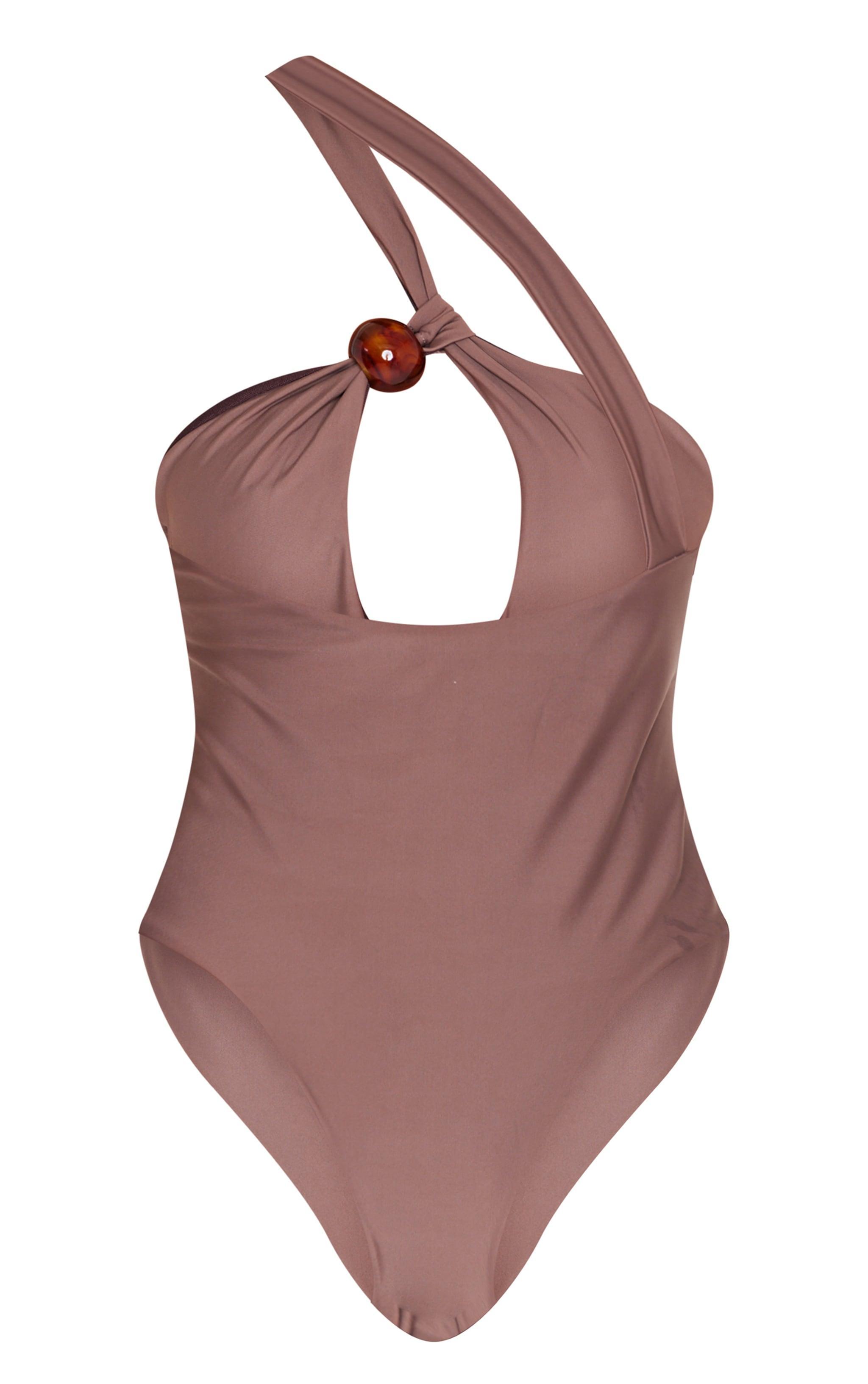 Chocolate Bead Detail One Shoulder Cut Out Swimsuit Product Image