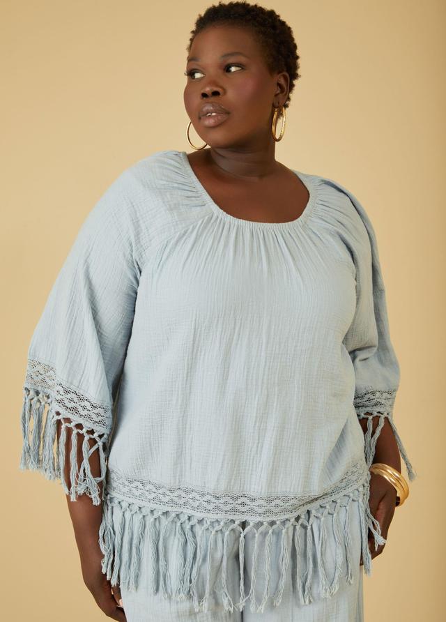 Plus Size Fringed Cotton Gauze Blouse Ashley Stewart Product Image