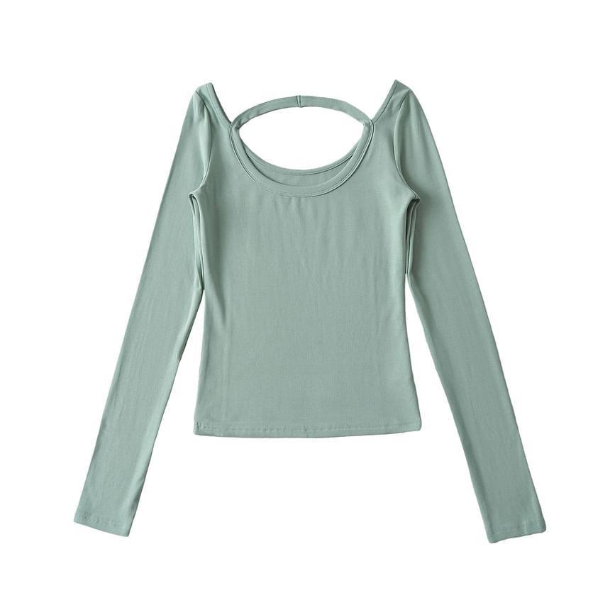 Long Sleeve Cold Shoulder Scoop Neck Plain Ribbed Tee Product Image