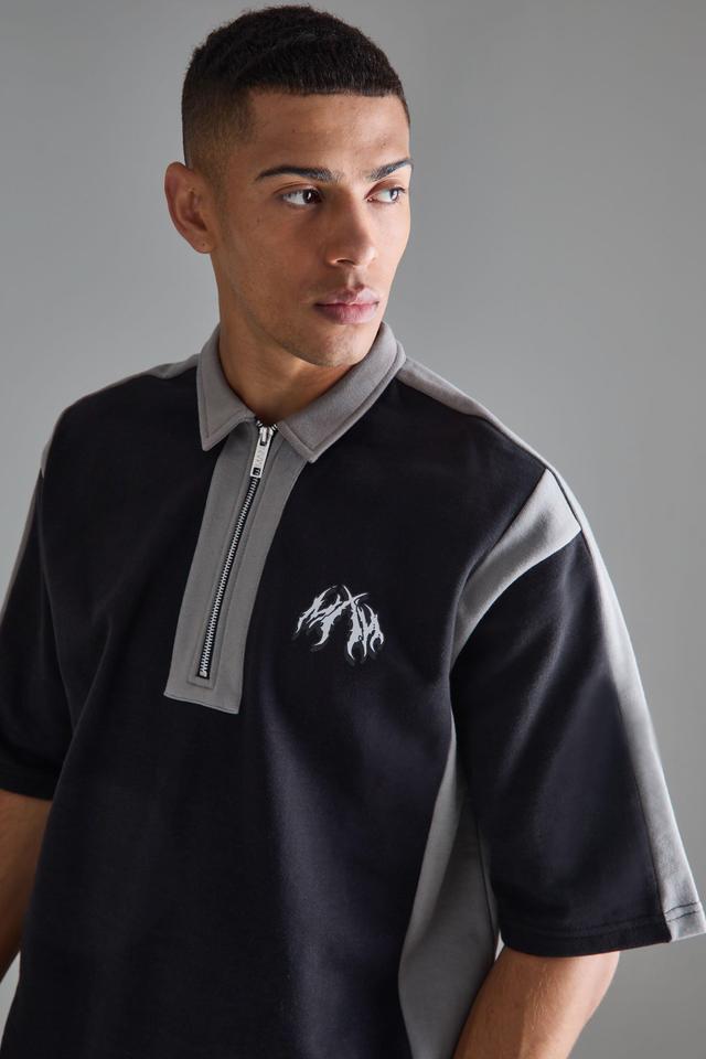 Oversized Half Sleeve Colour Block Sweat Polo | boohooMAN USA Product Image