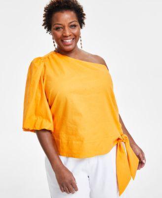 Plus Size Linen-Blend One-Shoulder Top, Created for Macy's Product Image