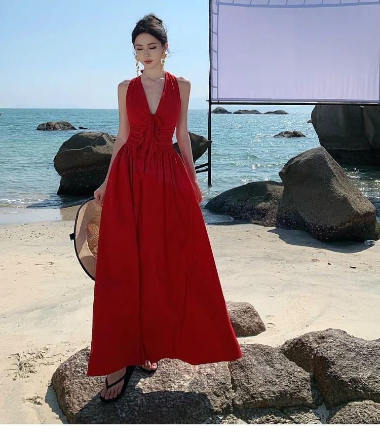 Sleeveless V-Neck Plain Maxi A-Line Dress Product Image