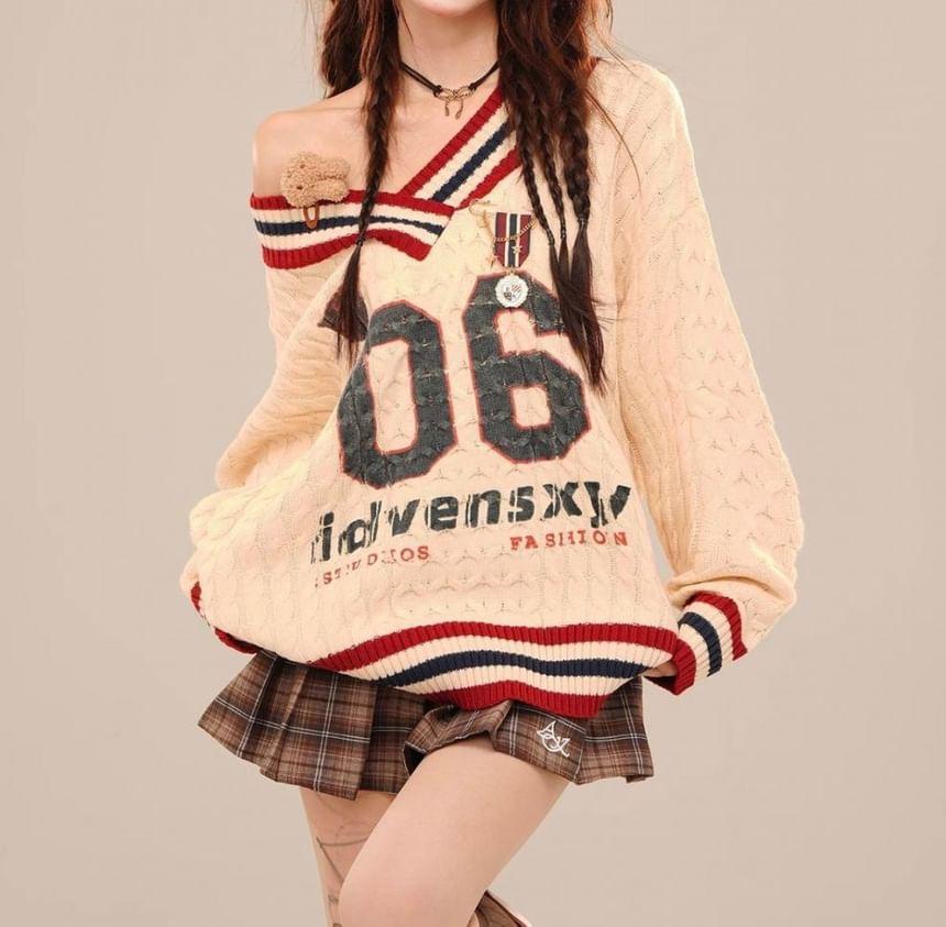 V-Neck Lettering Number Print Cable-Knit Oversized Sweater / Plain Shirt Product Image