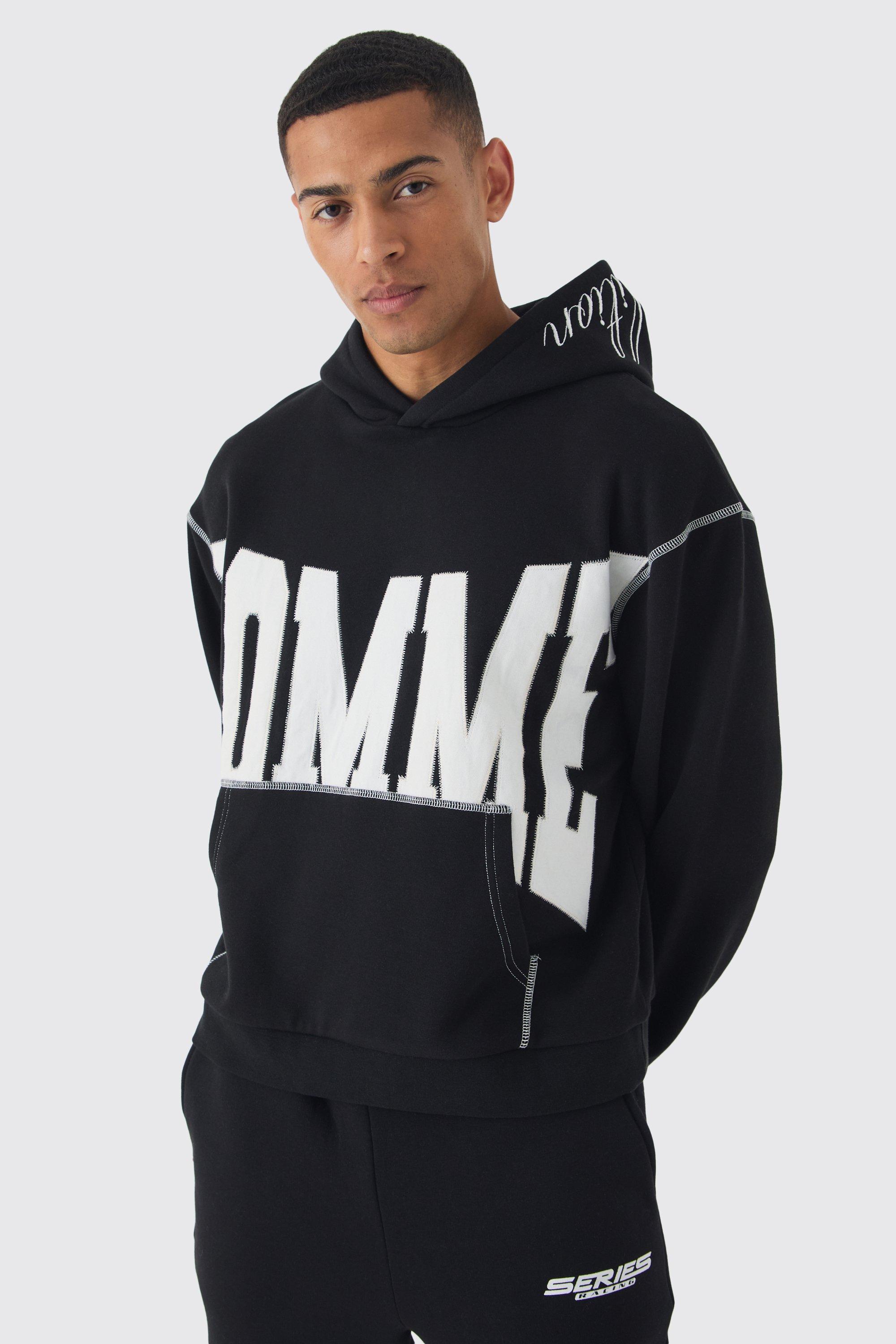 Oversized Boxy Twill Applique Contrast Stitch Hoodie | boohooMAN USA Product Image