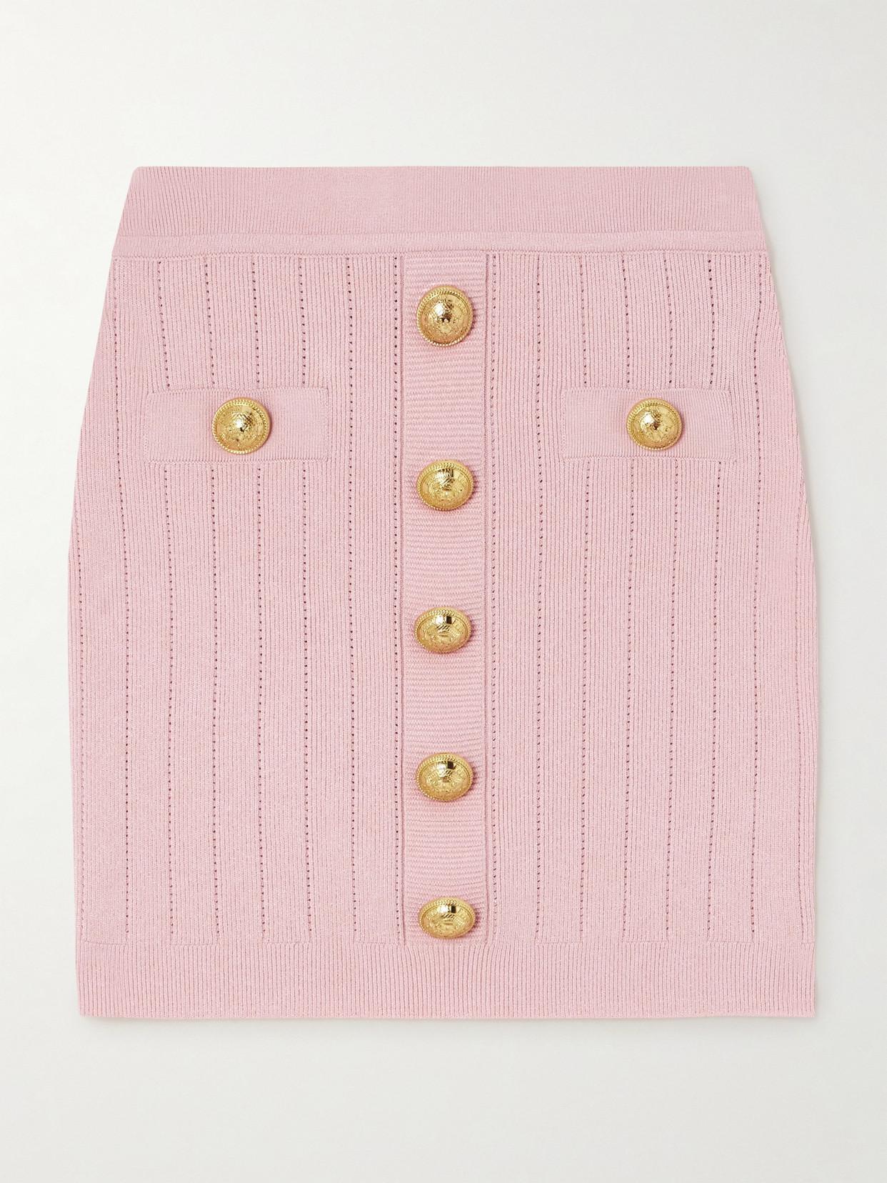 BALMAIN Button-embellished Ribbed-knit Mini Skirt In Rosa Product Image