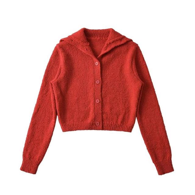 Hooded Plain Button Up Crop Cardigan Product Image