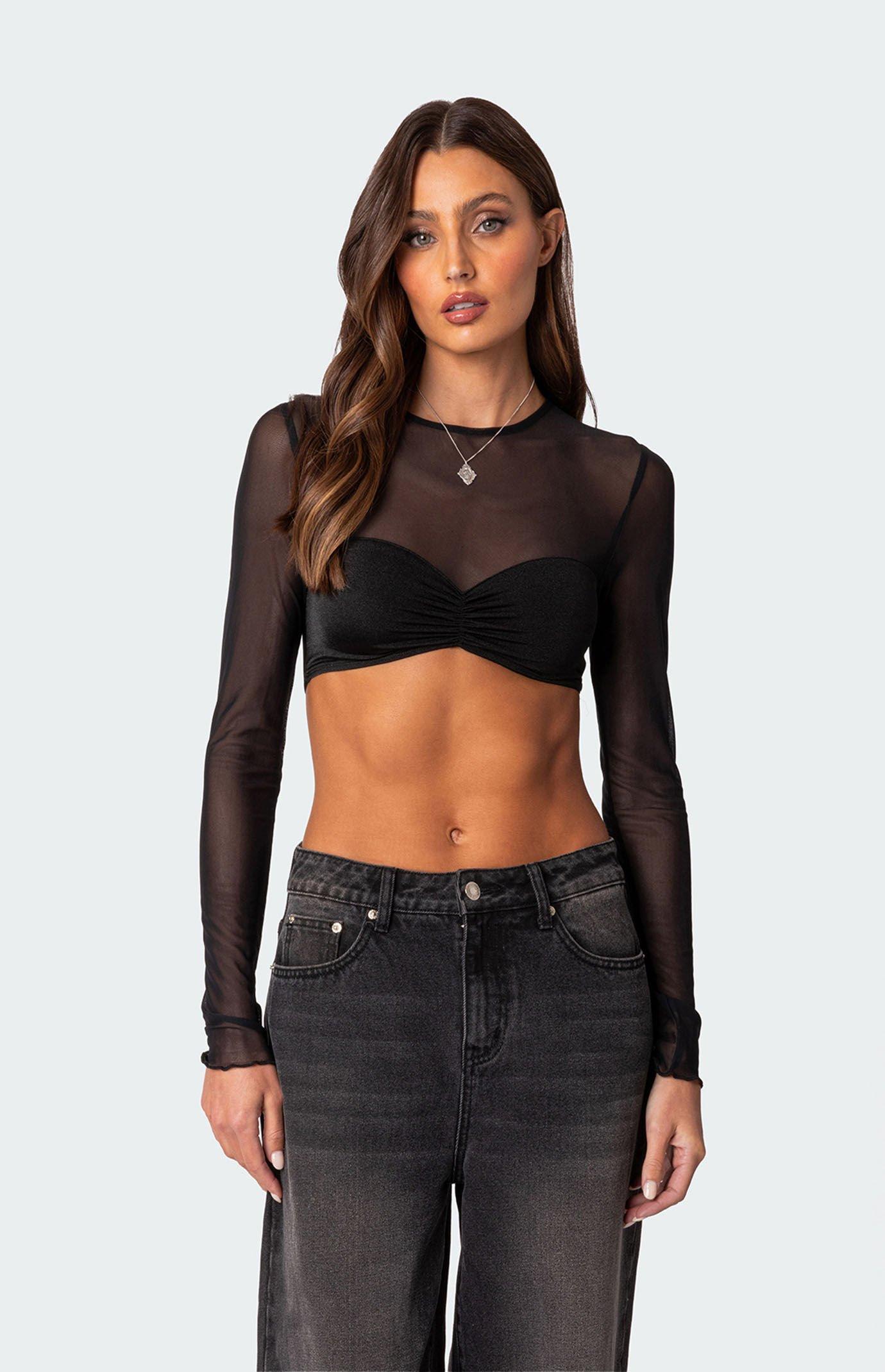 Edikted Women's Night Out Sheer Long Sleeve Crop Top Product Image