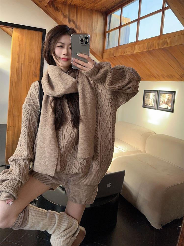 Crew Neck Plain Cable Knit Sweater / Elastic Waist Shorts / Scarf Product Image